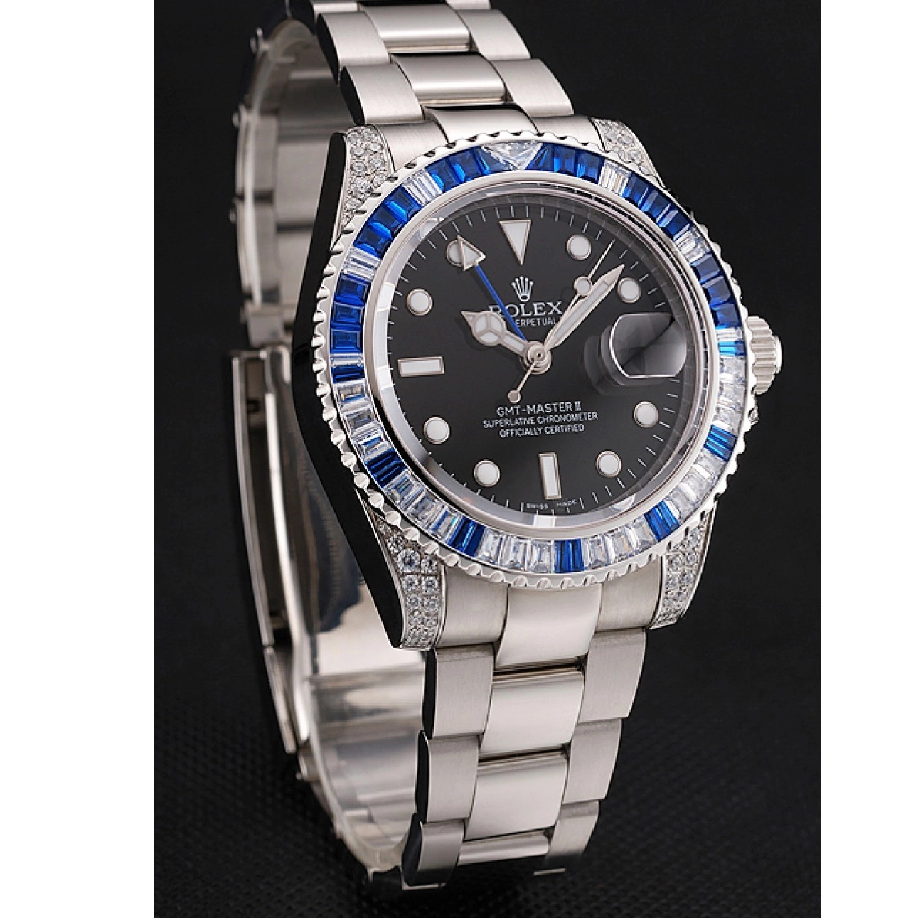 Best AAA Replica Sites Set Bracelet Dial Master Case Steel Stone Stainless Rolex Swiss Black 1453747 GMT II Bezel And 0620